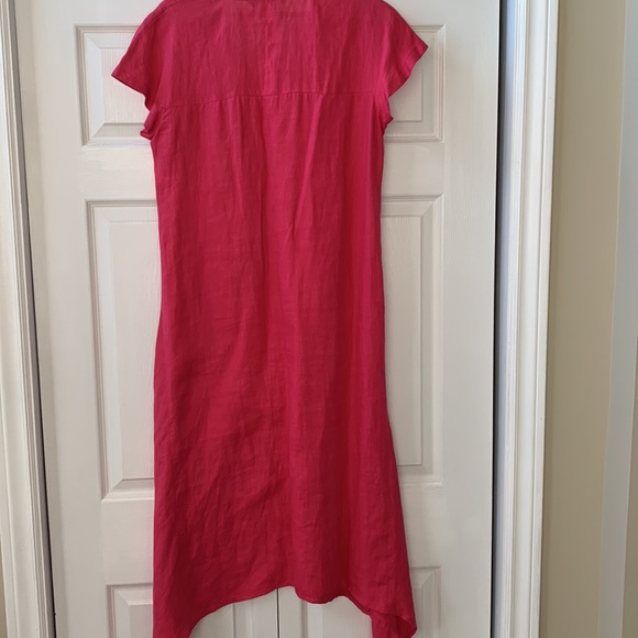 Marina Rinaldi linen watermelon pink Italian shark bite hem v neck midi dressEUC - Picture 2 of 4